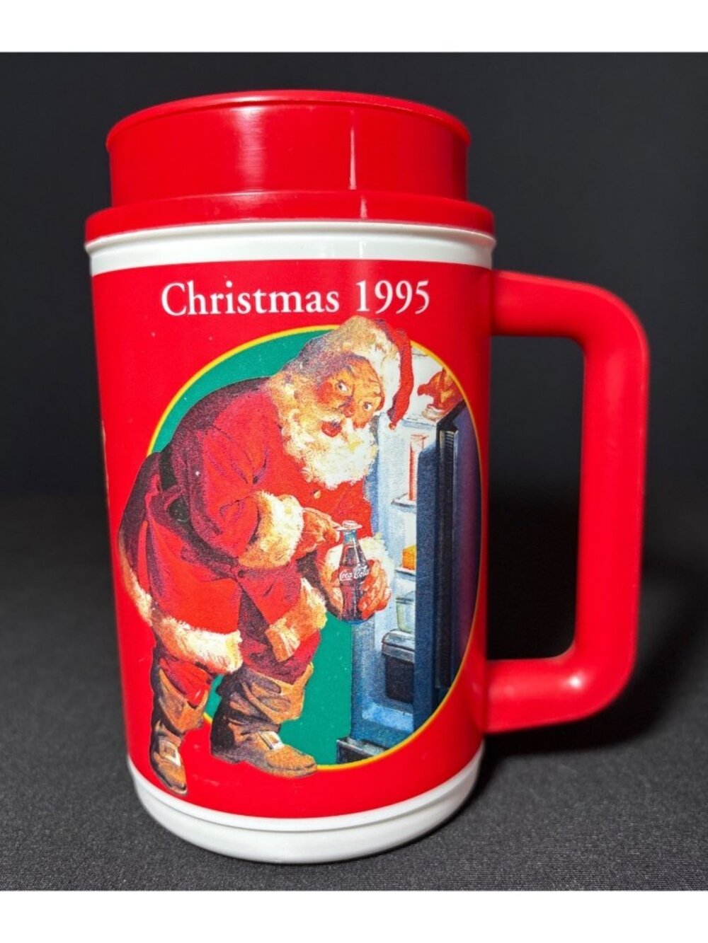 Whirley Coca-Cola Classic Christmas 1995 Sundblom Santa Plastic Mug Red Vintage